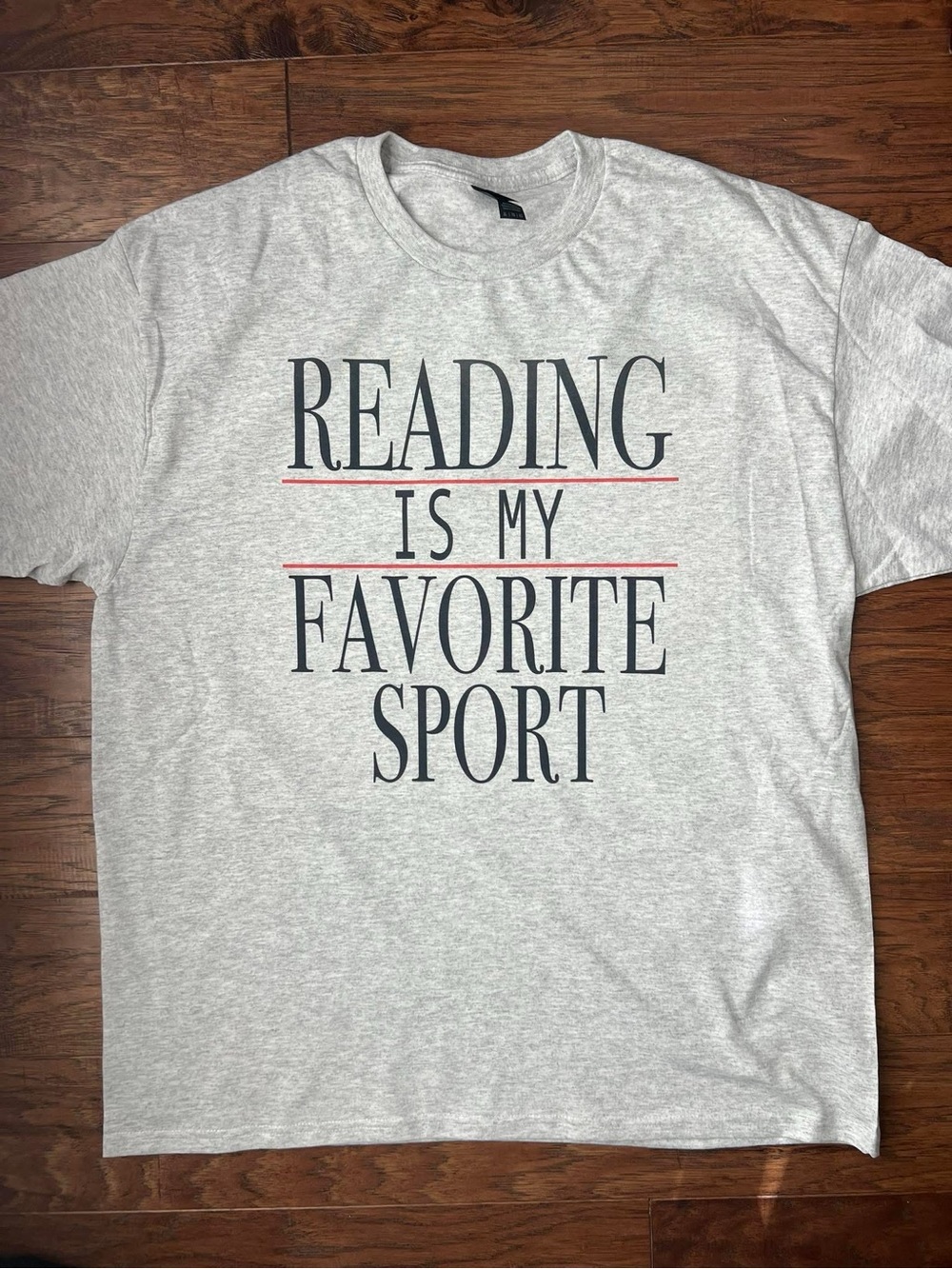 NEW Gildan Gray Short Sleeve Tee with Navy and Red Graphic